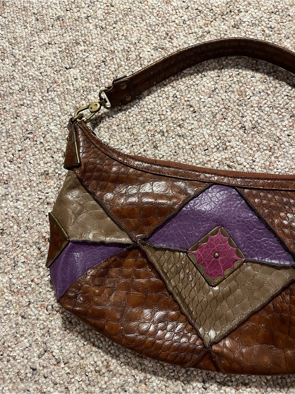 Y2K Jessica Simpson Patchwork Leather Shoulder Purse in Brown, Purple & Pink - Picture 2 of 10